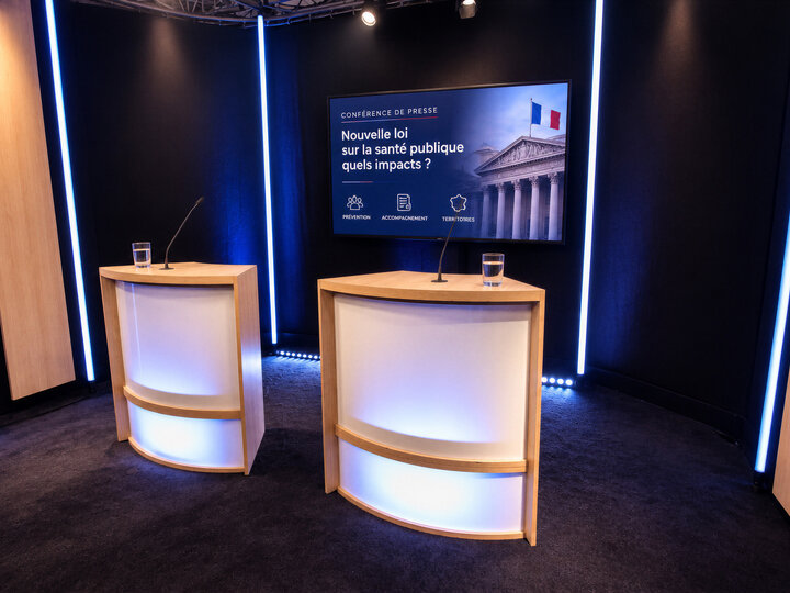 Deux pupitres prêts sur le plateau, devant un écran qui annonce une conférence de presse sur une nouvelle loi